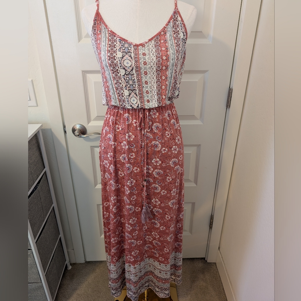 ARTESIA Maxi Dress Boho Floral Print in Pink and Cream with Tassels Size XL